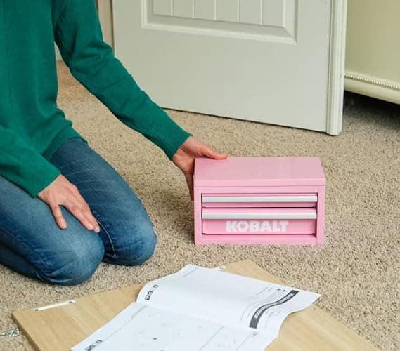 Mini 2-Drawer Steel Tool Box, Pink, Portable Storage with Magnetic Locking, Aluminum Trim thumbnail 3