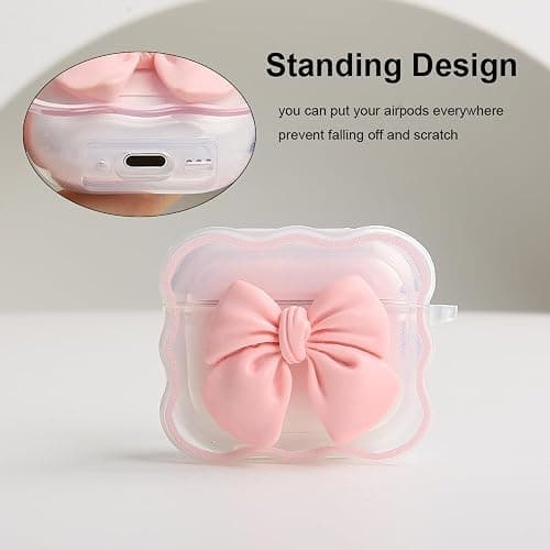 QLD COVER Compatible with Apple AirPods 4 Generation 2024 Case Cover, Cute 3D Bow Tie Design Shockproof Soft Clear TPU Kawaii Airpods 4 Protector with Keychain for Women Girls, Pink Bow thumbnail 8
