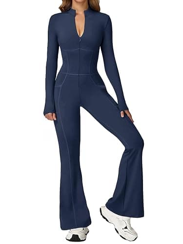 ECUPPER Women Long Sleeve Flared Jumpsuit Zip Up Romper One Piece Full Bodysuits Yoga Unitard Wide Leg Sexy Catsuit - Image 1