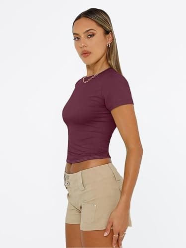 Trendy Queen Womens Short Sleeve T Shirts Summer Crop Tops Basic Slim Fit Gym Workout Y2k Clothes thumbnail 4