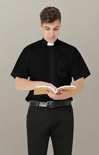 IvyRobes Men's Short Sleeves Tab Collar Clergy Shirt- Black White Purple - 15(Fit <14.5" Neck) - Black thumbnail 6