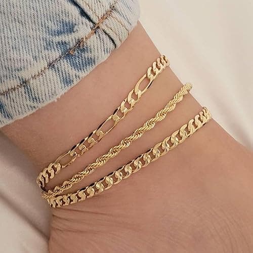 iF YOU Gold Ankle Bracelets for Women, 14k Gold Plated Waterproof Cuban Link Chain Anklets Set, Layered Anklet Bracelets for Women Beach Gift Adjustable Size 5pc thumbnail 2