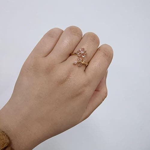 Kokoma Delicate Flower Leaf Wrap Finger Ring for Women Pink Cubic Zirconia Crystal Floral Statement Ring Promise Engagement Rings Adjustable Open Band thumbnail 4