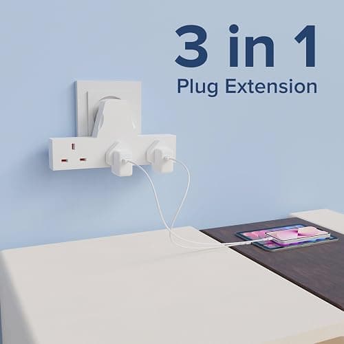 3 Way Plug Adapter UK Switched Socket- Multi Plug Extension 13A Wall Socket Surge Protector Power Extender Travel Adapter For Home, Office, Kitchen- White thumbnail 2