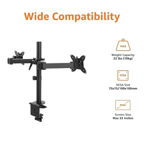 Amazon Basics Adjustable Dual Computer Monitor Arm Mount, Holds Monitors up to 32 Inches (81.3 cm), Black thumbnail 2