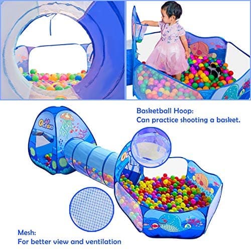 PigPigPen 3 in 1 Kids Play Tent with Tunnel, Ball Pit, Basketball Hoop for Boys & Girls, Toddler Pop Up Playhouse Toy Baby Indoor/Outdoor, Gift Year Old Child (3 Tent) thumbnail 4