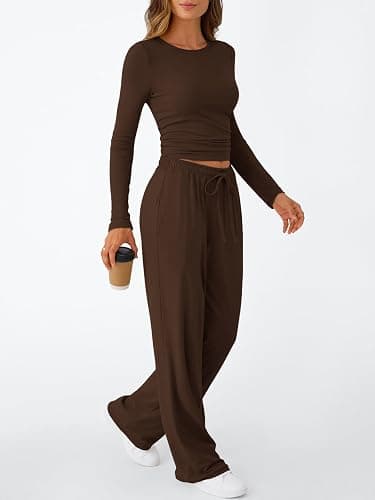 Trendy Queen Women's 2 Piece Matching Lounge Set Long Sleeve Slightly Crop Top Wide Leg Pants Casual Sweatsuit thumbnail 3