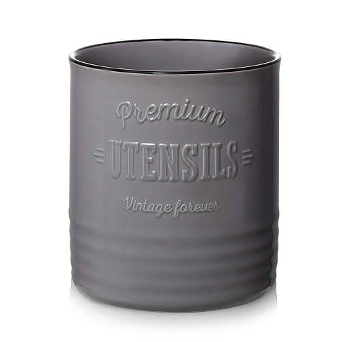 DOWAN 7.2″ Extra Large Kitchen Utensil Holder - Farmhouse Utensil Holder for Countertop - Ceramic Utensil Crock with Protection Cork Mat - Kitchen Decor & Housewarming Gift (Grey) - Image 1