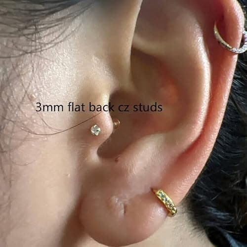 Renkovte Flat Back Screw Back CZ Stud Earrings, Small Cubic Zirconia Stud Earrings for Helix Cartilage Tragus Earlobe Piercing for Women (2mm 3mm 4mm Gold Color) thumbnail 4