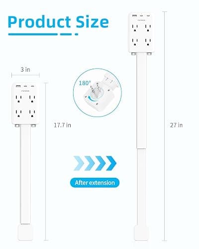 Electrical Outlet Extender Stick with USB Ports(2 USB C), 180° Rotating Extendable Wall Plug with 4 AC Outlet, Adjustable 17.7"-27" Extendable Power Strip Stick for Behind Couch, Desk and Bed thumbnail 2