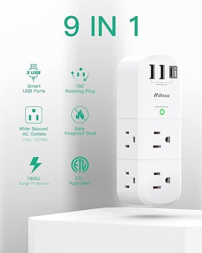 Outlet Extender with Rotating Plug, Mifaso Surge Protector 6 AC Multi Plug Wall Outlets and 3 USB Ports, 1800 Joules, 3-Sided Swivel Power Strip Spaced Splitter for Home, Travel, Dorm Room Essentials thumbnail 7