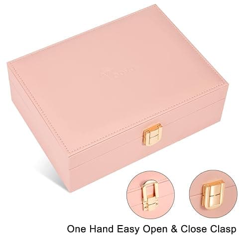 Voova Jewellery Box Organiser for Women Girls, 2 Layers Large Jewelry Storage Case, PU Leather jewlerrying Display Holder with Removable Tray for Necklace Earrings Rings Bracelets, Gifts, Pink thumbnail 6