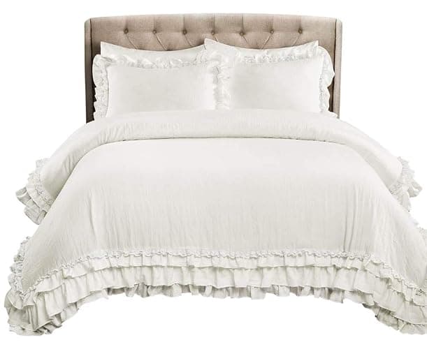 Lush Decor, Light Gray Ella Vintage Chic Ruffle Lace 3 Piece Comforter Set, King - Twin XL White - Image 1
