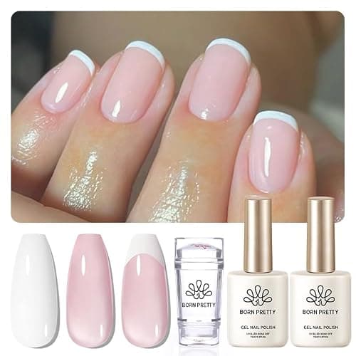 BORN PRETTY French Manicure Kit Nail Stamper & 2Pcs Jelly Milky Pink White | Colors Gel Nail Polish for French Tip, U V Light Cure - Image 1