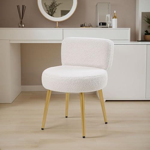 Warmiehomy Dressing Table Stool with Gold Legs and Tufted Back Comfy Makeup Vanity Stool Chair for Dressing Table, Bedroom, Living Room, White, Teddy Velvet thumbnail 8
