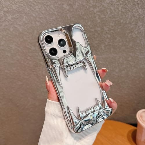 Pretaco Gothic 3D Hollow Horror Devil Pattern Case for iPhone 16, [Luxury Chrome Color Plating] [Heat Dissipantion Thermal Design] Shockproof Bumper for Halloween- Silver thumbnail 3