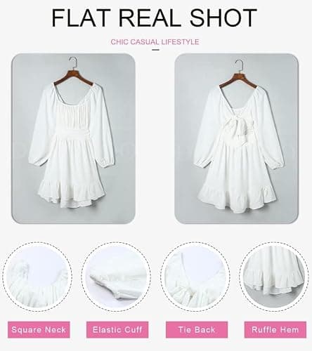 Dokotoo Womens Dress Long Lantern Sleeve Square Neck Tie Backless Sexy Dress Ruffle Elastic Waist A-Line Mini Dress thumbnail 4