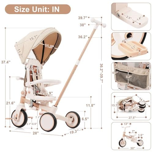 Foldable Toddler 7-in-1 Tricycle, Canopy, and Guardrail Parent Push Handle Ages 1-6 Years thumbnail 6