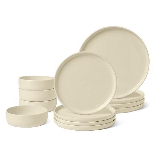 Amazon Basics Glazed Stoneware Dinnerware, 12-Piece Set, 4 Full Place Settings, Dishwasher-Safe, Ivory - Image 1
