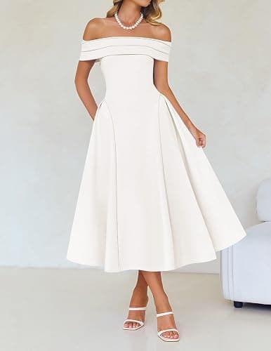 ZESICA Summer 2026 Cocktail Dresses for Women's Off Shoulder Short Sleeve Swing A Line Wedding Evening Party Midi Dress thumbnail 4