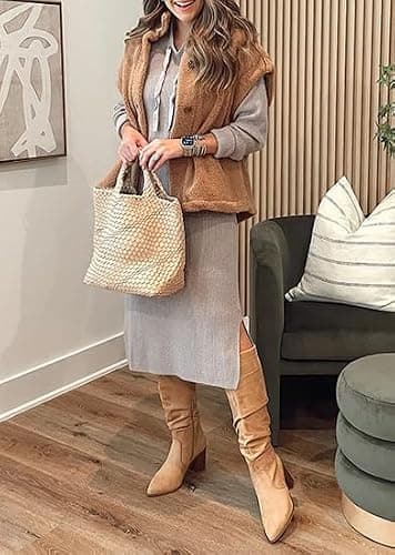 Hongqizo Womens Fuzzy Fleece Vest Casual Oversized Warm Button Down Sherpa Vest Jacket with Pockets thumbnail 5