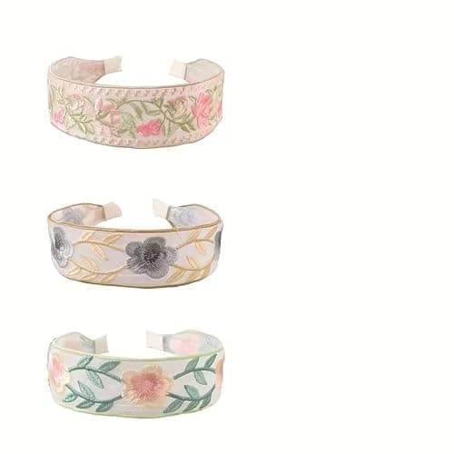 3 Pack Floral Embroidered Headbands for Women Girls, Wide Mesh Lace Boho Hair Bands, Vintage Non-Slip Hair Hoops for Daily Wear Party Vacation Wedding thumbnail 2