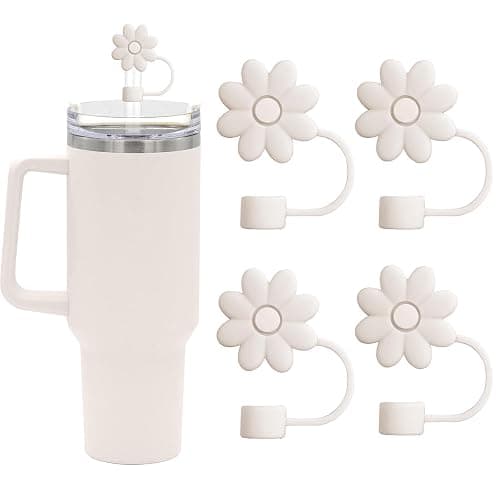 SEMATA Flower Straw Covers for Stanley Cups 30&40 Oz Tumbler with Handle Accessories - 4 PCS Silicone Straw Caps Protectors - Off White - Image 1