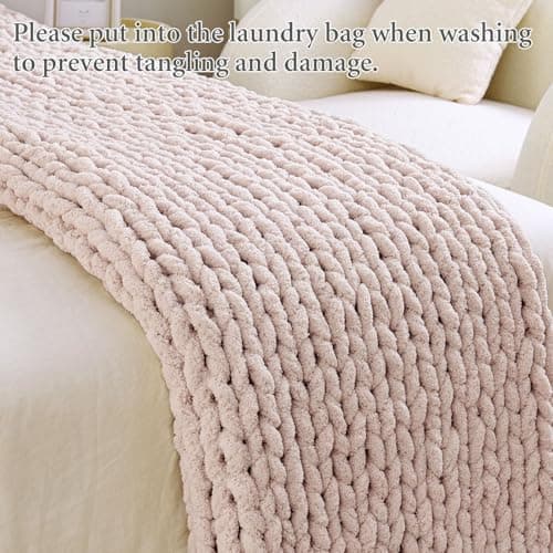 Admitrack Chunky Knit Blanket Throw, 100% Hand Knit Chenille Throw Blanket for Sofa & Home Decor, Soft and Cozy Knitted Throw Blankets (Pink，51"x63") thumbnail 7