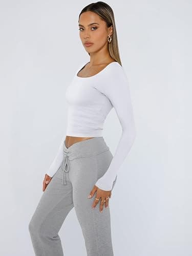 Trendy Queen Womens Long Sleeve Shirts Crop Tops Fall Fashion 2025 Square Neck Going Out Basics Tees Y2k Clothes thumbnail 3