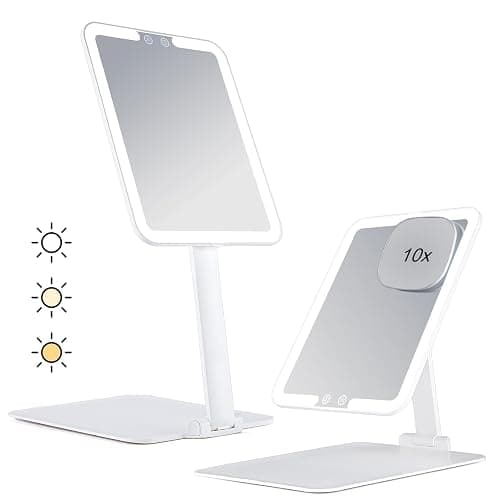 7.8" x 6.1" Rechargeable Travel Makeup Mirror with Lights and Small 10X Magnification, Foldable Stand with Adjustable Height & Angle, 3 Light Colors LED Lighted Vanity Mirror (White) - Image 1