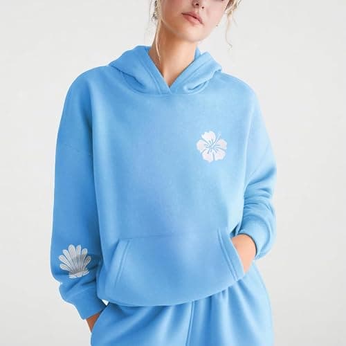 Amiblvowa Preppy Oversized Graphic Hoodies for Women Teen Girl Long Sleeve Pullover Embroidery Hibiscus Sweatshirt Beachwear thumbnail 4