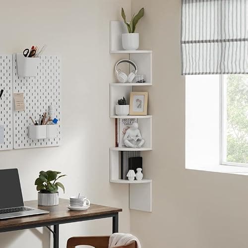 VASAGLE Corner Shelf Wall Mount, 5-Tier Floating Corner Bookshelf, Plant Shelf for Bedroom, Living Room, Bathroom, Home Office, Cloud White thumbnail 4