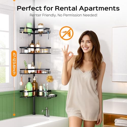 HAMITOR Shower Caddy Tension Pole: 4-Tier Corner Rustproof Bathroom Organizer with Soap Holder & Hooks - No-Drill Adjustable Shower Shelf for Renters - Family Stand Storage Rack - 47-123 Inch Black thumbnail 7
