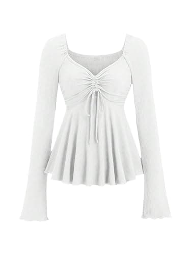 SOLY HUX Women's Long Sleeve Babydoll Tops Y2k Peplum Cute T Shirts | Tie Front, Sweetheart Neckline, Fall Outfit, Tees - Image 1