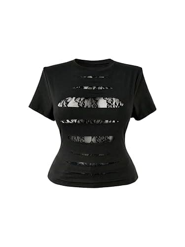 WDIRARA Women's Plus Size Goth Cutout Lace Patchwork T Shirt | Y2k, Ripped, Short Sleeve thumbnail 6
