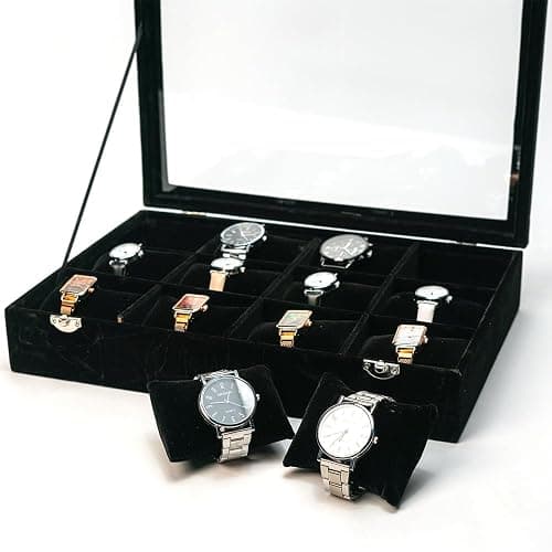 XHMQYC Jewelry Watch Tray, Black Velvet Watch Jewelry Organizer 12 Grid, Stackable Watch Bracelet Bangle Display Holder, with Clear Lid Adjustable Pillows, for Man Woman Show Birthday thumbnail 3