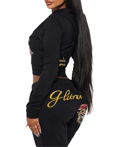 Glitrandi Womens 2 Piece Outfits Fashion Print Cropped Hoodies Jacket Sweatpants With Pockets Tracksuit For Women thumbnail 3
