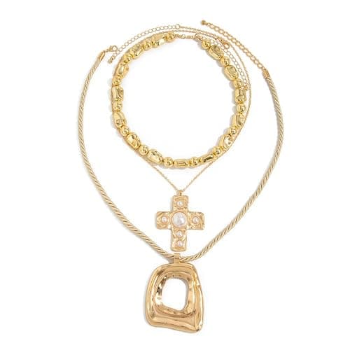 Layered Gold Chunky Cross Necklace For Women Stacked Gold Irregular Geometric Square Pendant Necklace Unique Punk Hip-Hop Oval Hollowed-Out Chain Necklace Fashion Accessories Creative Jewelry For Women - Image 1