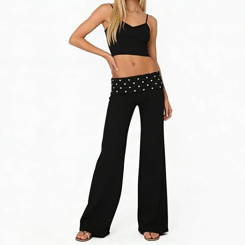 Fold Over Yoga Pants for Women Low Rise Wide Leg Cute Flare Sweatpants | Low Waisted,Lounge Pants,Back to School Clothes for Teen Girls thumbnail 2