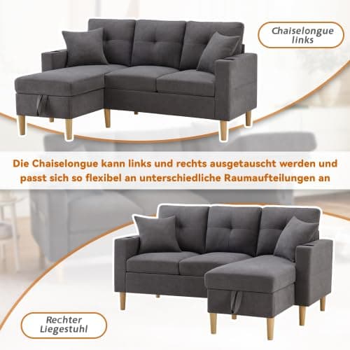 Merax L-förmiges Ecksofa mit Chaiselongue, 3-Sitzer Sofa mit Stauraum und Getränkehalter, Modernes Polstersofa aus Baumwoll-Leinen Stoff mit 2 Kissen, L Sofa für Wohnzimmer, Büro und Wohnung thumbnail 4