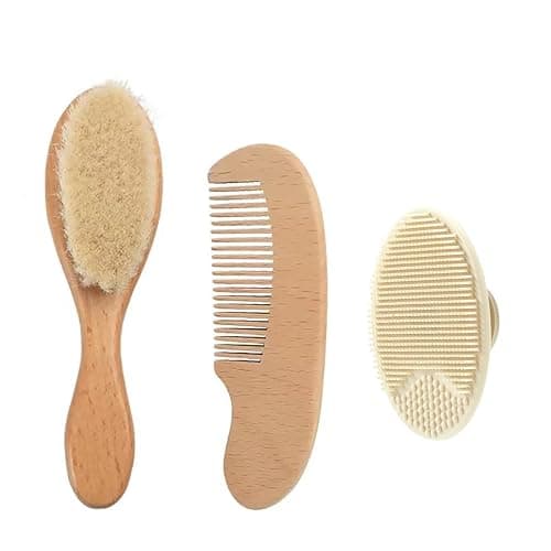 PandaEar 3 Pack Baby Brush and Comb Set Newborn, Silicone Cradle Cap Brush for Babies, Soft Newborn Hair Brush with Soft Goat Bristles, Wooden Toddler Comb Hairbrush Set for Boys and Girls - Image 1