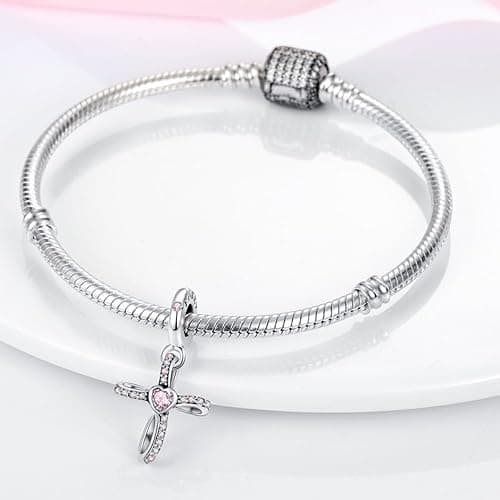ChenYuTe 925 Sterling Silber Charms für Armbänder, Charms Anhänger Kompatibel mit Pandora Europäischen Armbändern und Halskette Frauen - Rosa Kreuz thumbnail 3