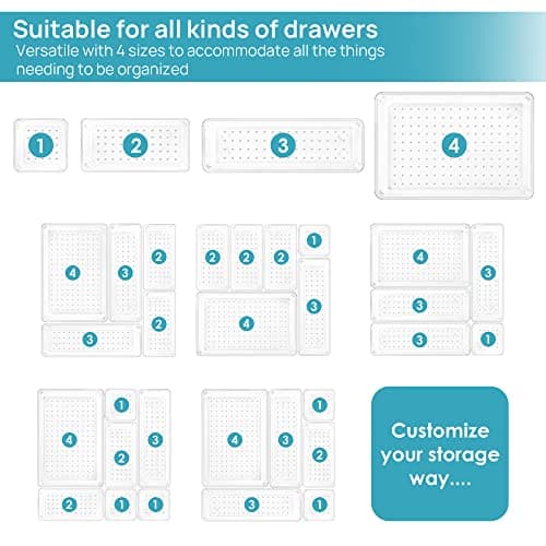 Vtopmart 25 PCS Clear Plastic Drawer Organisers Set, 4-Size Versatile Bathroom and Vanity Drawer Organiser Trays, Storage Bins for Makeup, Bedroom, Kitchen Gadgets Utensils and Office thumbnail 5