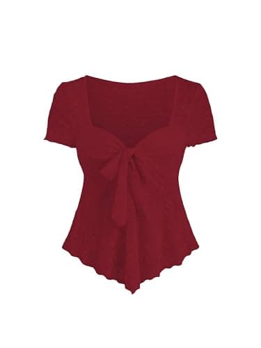 SOLY HUX Women's Y2k Mesh Short Sleeve Shirts Bowknot Deep V Neck Going Out Tee Tops - Image 1