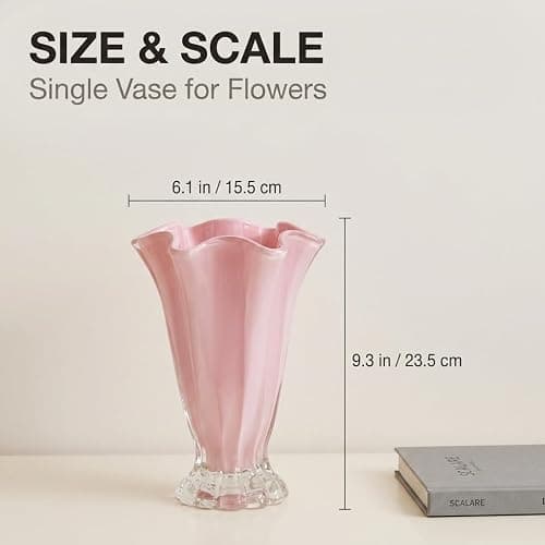 Ruffled Vase Display with Wavy Rim, Hand Blown Glass Vase for Flowers, Blown Glass Decor Centerpiece with Ribbed Panels for Tabletop Shelf Mantel Home Decor (Pink) thumbnail 3