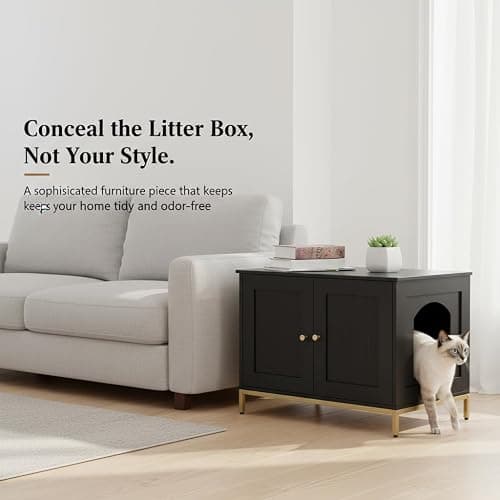 Homhedy Cat Litter Box Enclosure, Cat Washroom Furniture with Metal Frame, Pet House, Fit Most of Litter Box, Modern Style, Black and Gold thumbnail 2
