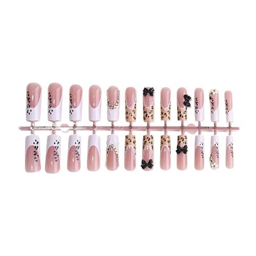 24Pcs Leopard Print French Tip Press on Nails Long Square Fake Nails 3D Rhinestone Black Bow Design False Nails Full Cover Artificial Acrylic Stick on Nails White French Tips Glue On Nails for Women thumbnail 5