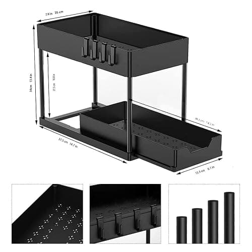 Bnimtm 2 Pack Under Sink Storage Kitchen Organiser - Sliding Drawer Pull Out Under Sink Organiser with Hooks Cup for Kitchen Bathroom thumbnail 2