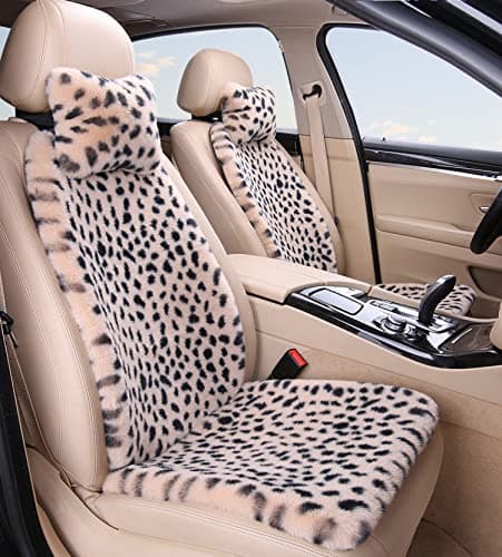 seemehappy Fluffy Leopard Seat Covers for Cars Front Seat Covers Carseat Front Two Seat Protectors with 2 Neck Pillows for Truck SUV Auto-Beige Leopard Front-6 PCS - Image 1