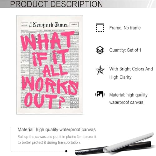 Drimiler Retro Newspaper Pink Font Poster What If It All Works Out Canvas Wall Art Positive Affirming Quote Minimalist Prints Painting For Home Bedroom Dorm Wall Decor 8x12in Unframed thumbnail 2